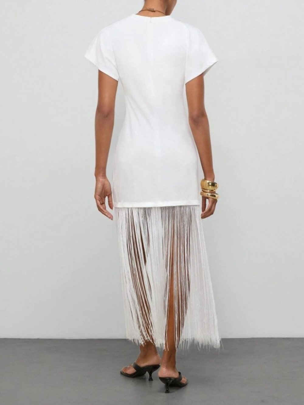 White Knit Fringe Hem Mini Dress - Picture 6 of 6